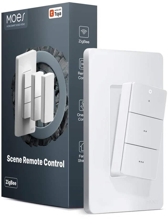 Main image of MOES Wireless Zigbee Smart Scene Button, Needs MOES Zigbee Hub, 9-Action | Zigbee2MQTT & ZHA Compatible, Magnetic Base Sticks to Metal Surfaces, 365-Day Battery Life, Tuya DIY Scene Switch