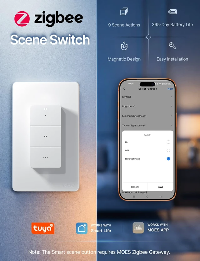 Alt view image 2 of 7 - MOES Wireless Zigbee Smart Scene Button, Needs MOES Zigbee Hub, 9-Action | Zigbee2MQTT & ZHA Compatible, Magnetic Base Sticks to Metal Surfaces, 365-Day Battery Life, Tuya DIY Scene Switch