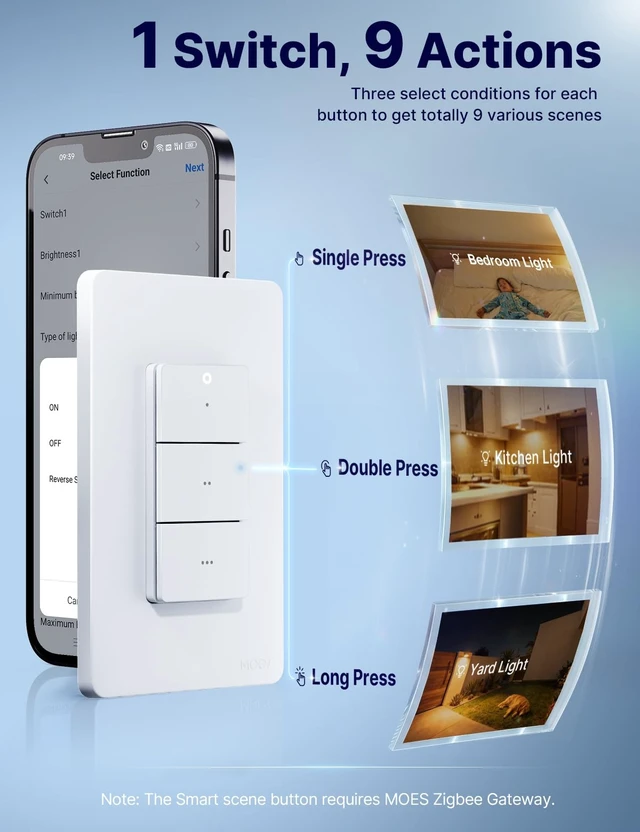 Alt view image 4 of 7 - MOES Wireless Zigbee Smart Scene Button, Needs MOES Zigbee Hub, 9-Action | Zigbee2MQTT & ZHA Compatible, Magnetic Base Sticks to Metal Surfaces, 365-Day Battery Life, Tuya DIY Scene Switch