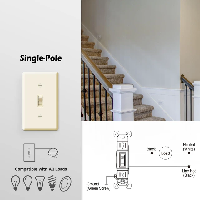 Alt view image 6 of 7 - TOPELER Single Pole Toggle Light Switch, 15 Amp, 120 Volt, Framed, Electrical Wall Replacement, Residential and Commercial Grade, 10 Pack, Ivory