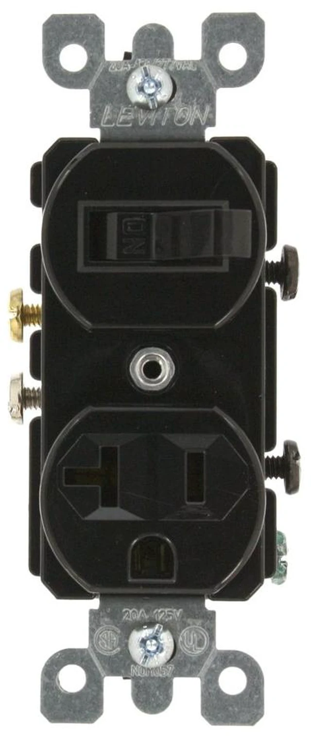Main image of Leviton 20 Amp, 120 Volt, Duplex Style Combination Single Pole Switch/Receptacle, Grounding, 5335-E, Black