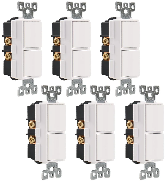 Main image of Wengart (6-Pack) Duplex Rocker Decorator Switch, 15A 120V Combination Light Switch, Space-Saving Double Stack Switch for Fan & Light Control, UL Listed, Professional Grade, White