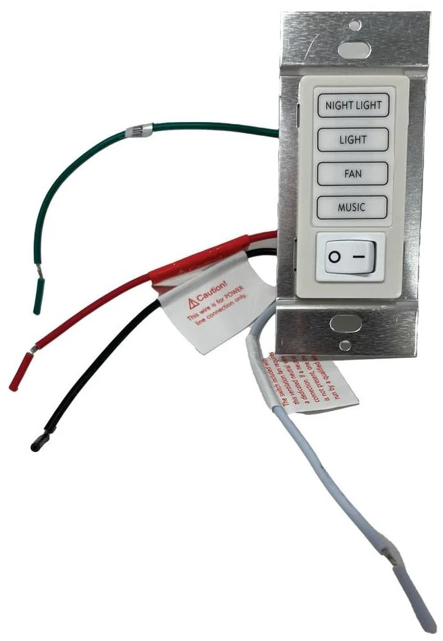 Main image of Homewerks Bluetooth Bath Fan Wall Switch, 4-Button, RF Compatible, White | Compatible with Models 7130-16-BT, 7130-06-BT, 7130-02-BT; Color-Coded Wiring; Power, Music, Fan, Light, Night Light Buttons