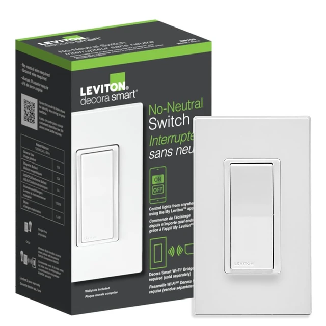 Main image of Leviton No-Neutral Decora Smart Switch, DN15S-1RW, White | Requires MLWSB Wi-Fi Bridge to Work with My Leviton, Alexa, Google Assistant, Apple Home/Siri. Wire-Free 3-Way