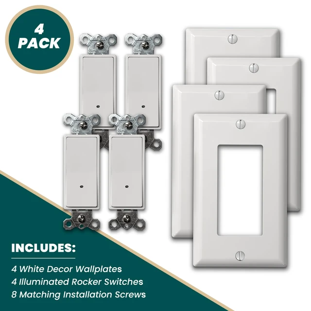 Alt view image 2 of 7 - Westek Illuminated Rocker Light Switch Night Light with Wallplate - Single Pole - 4-Pack