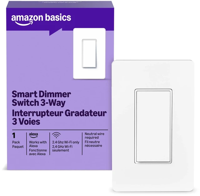 Main image of Amazon Basics Smart Light Switch, 3-Way, Works with Alexa Only, Voice Control, 2.4 GHz Wi-Fi, No Hub Required, White