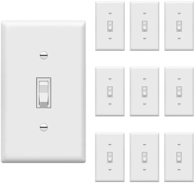 Main image of 3-Way Toggle Light Switch with Wall Plate Cover, 10 Pack, White | 15 Amp, 120V/277VAC, quiet/smooth toggle action, grounding screw, narrow slim body, UL Listed, easy to install, versatile use