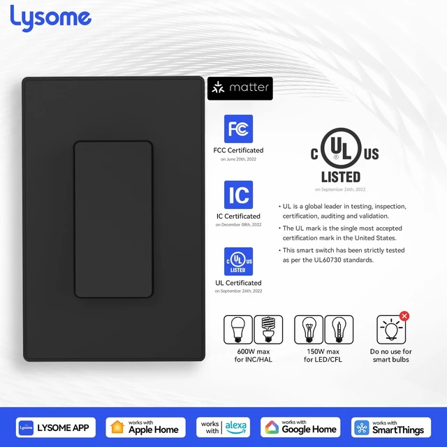 Alt view image 7 of 7 - LYSOME Matter Smart Light Switch, Voice Control Smart Wall Switch Compatible with Alexa & Google Assistant, APP Control and Timer Schedule, Neutral Wire Required, 3 Way, 2.4 GHz Wi-Fi, Black, 1 Pack