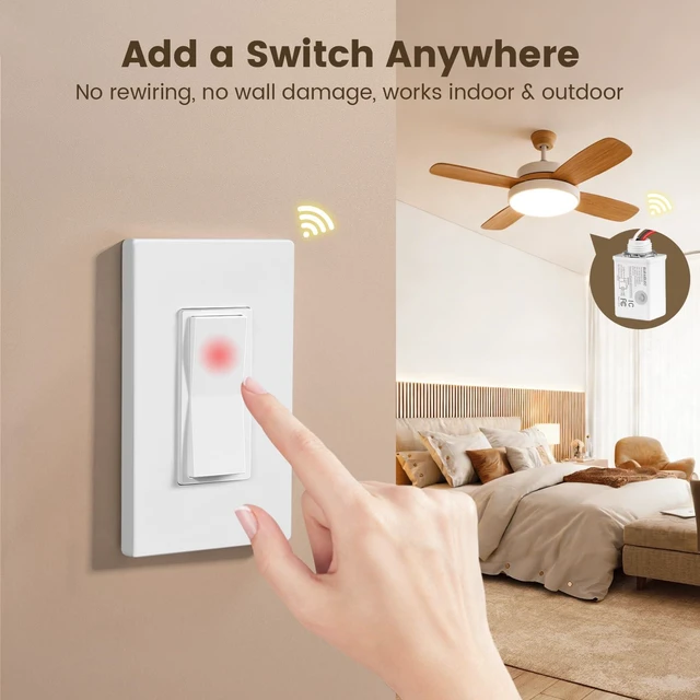 Alt view image 2 of 7 - 15A Wireless Light Switch Kit with Receiver, Decorator Wall Plate | No Wiring, 100 ft Range, No Interference, Stable RF Expandable Remote Control Wall Switch for Indoor & Outdoor Lighting, Fan