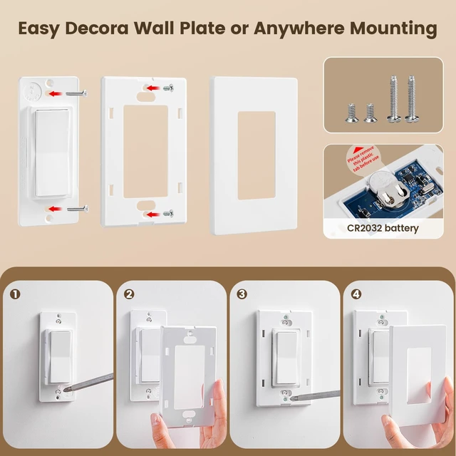 Alt view image 7 of 7 - 15A Wireless Light Switch Kit with Receiver, Decorator Wall Plate | No Wiring, 100 ft Range, No Interference, Stable RF Expandable Remote Control Wall Switch for Indoor & Outdoor Lighting, Fan