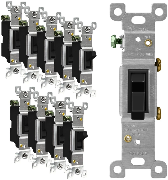 Main image of ENERLITES 10 Pack Toggle Light Switch, Single Pole Wall Switch, Black | 15 Amp, 120V/277VAC, self-grounding, quiet/smooth toggle action, narrow slim body, UL Listed, easy to install, versatile use
