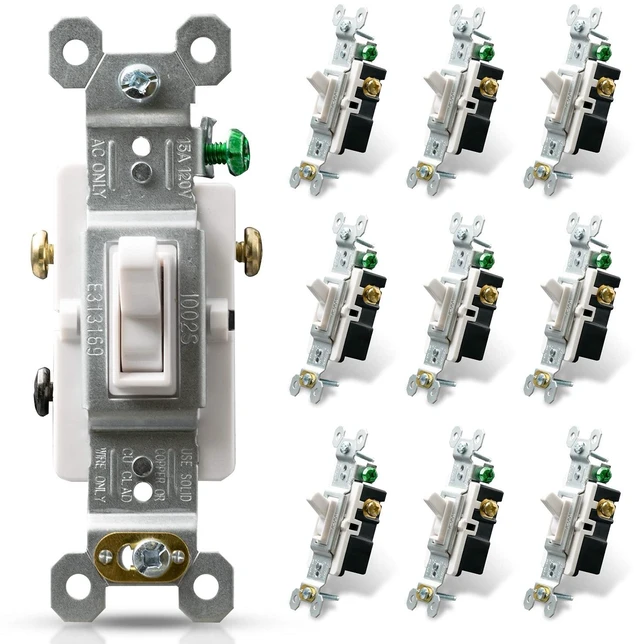 Main image of ELEGRP 3 Way Toggle Light Switch, 15 Amp, 120 V, Toggle Framed AC Quiet, in Wall On/Off Switch Replacement, Self-Grounding, Residential and Commercial Grade, UL Listed (10 Pack, Glossy White)