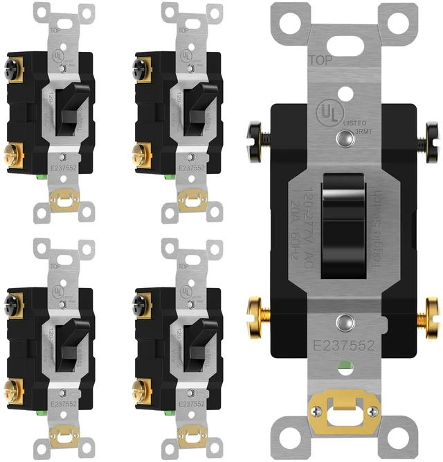 Main image of TG 20 Amp Commercial Toggle Light Switch, 4-Way Wall Switch, 5 Pack, Black | UL Listed, Heavy-Duty Build, Commercial/Industrial Grade, Back & Side Wire,High-Power Rated, 120V/277V AC Easy Installation