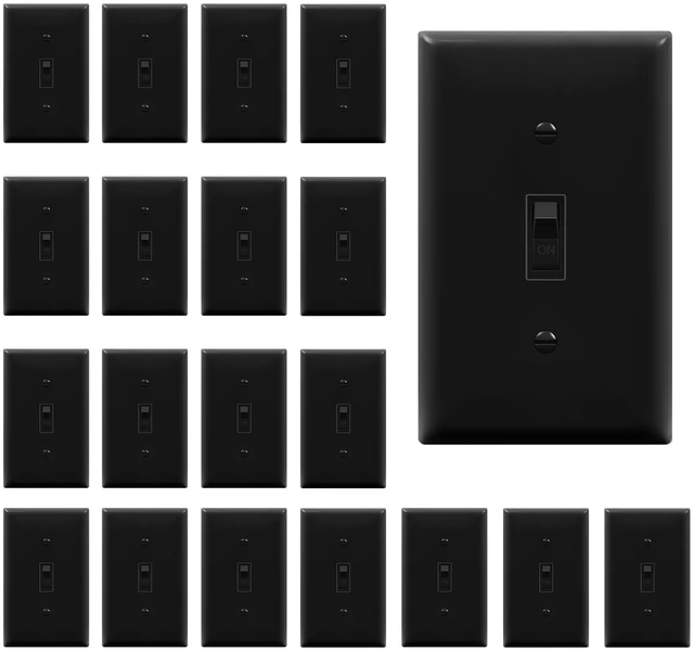 Main image of TG 20 Pack Toggle Light Switch with Wall Plate Cover, Single Pole, Black | 15 Amp, 120V/277VAC, self-grounding, quiet/smooth toggle action, narrow slim body, UL Listed, easy to install, versatile use