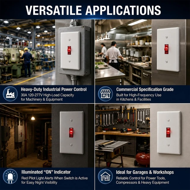 Alt view image 3 of 6 - Wengart 30A Double Pole Switch Electrician 240V Motor Control Pilot Light | Thermoplastic build for shops. Isolates 240V dual hot wires. Specs: 30A, UL-94 V0, narrow back body