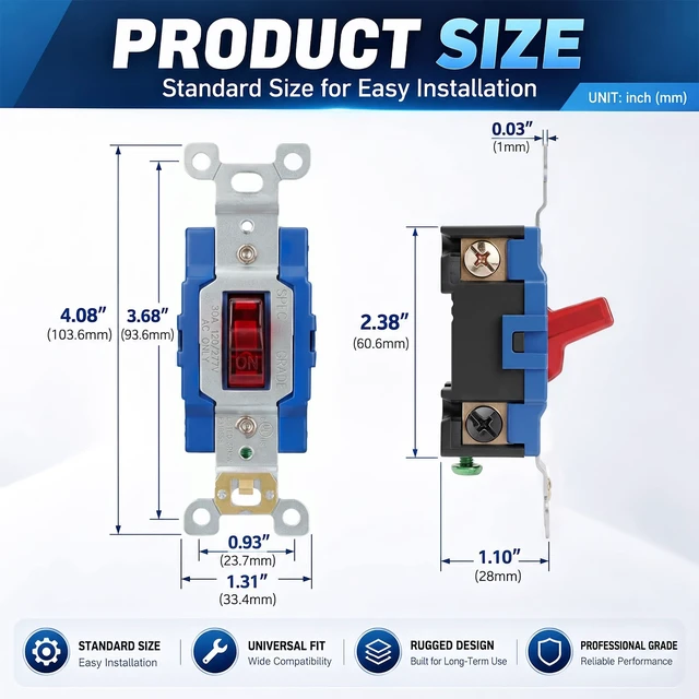 Alt view image 4 of 6 - Wengart 30A Double Pole Switch Electrician 240V Motor Control Pilot Light | Thermoplastic build for shops. Isolates 240V dual hot wires. Specs: 30A, UL-94 V0, narrow back body