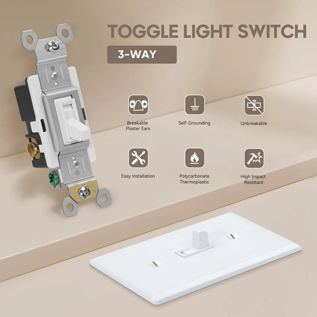 Alt view image 2 of 7 - ECOELER Toggle Electrical Light Switch, Single Pole or 3-Way Electric Wall Switch Replacement, 15A 120/277V, Self-Grounding, in Wall On/Off Interrupter for Residential and Commercial, 20 Pack