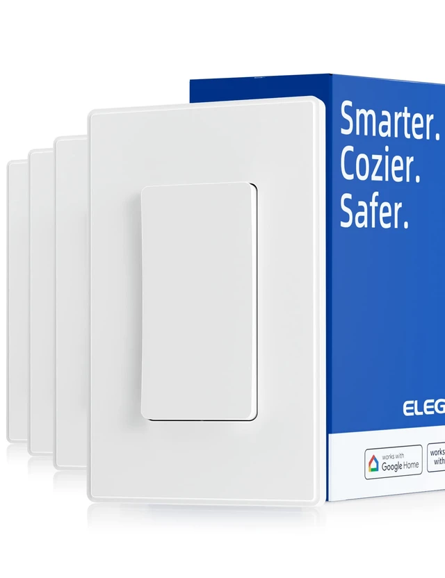 Main image of ELEGRP Smart Light Switch, 2.4GHz Wi-Fi Light Switch Compatible with Alexa & Google Assistant, Neutral Wire Required, APP Control and Timer Schedule, UL Certified,Single Pole, White, 4 Pack