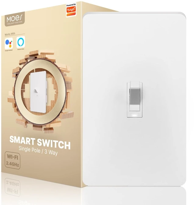 Main image of MOES Smart Toggle Switch, Single Pole & 3-Way, WiFi, Neutral Wire Required | Hands-Free Voice Control Via Alexa and Google