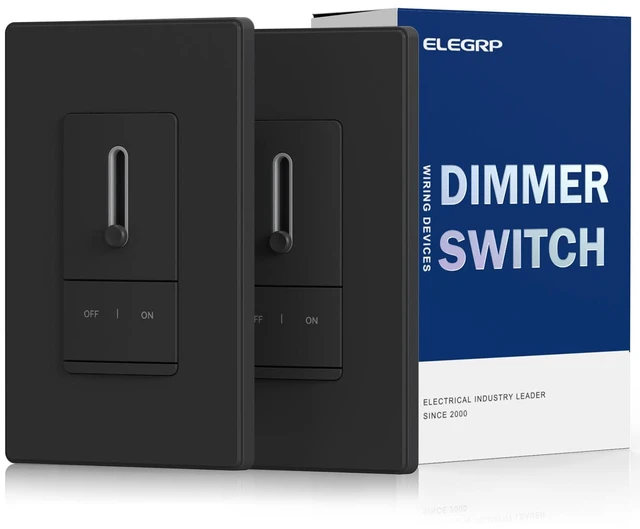 Main image of ELEGRP Slide Dimmer Light Switch, Universal Dimmable LED Lighting Control, Single Pole or 3 Way Dimmer Switches for Led Lights, Wall Plate Included, UL Listed, 2 Pack, Matte Black