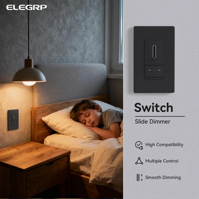 Alt view image 6 of 7 - ELEGRP Slide Dimmer Light Switch, Universal Dimmable LED Lighting Control, Single Pole or 3 Way Dimmer Switches for Led Lights, Wall Plate Included, UL Listed, 2 Pack, Matte Black