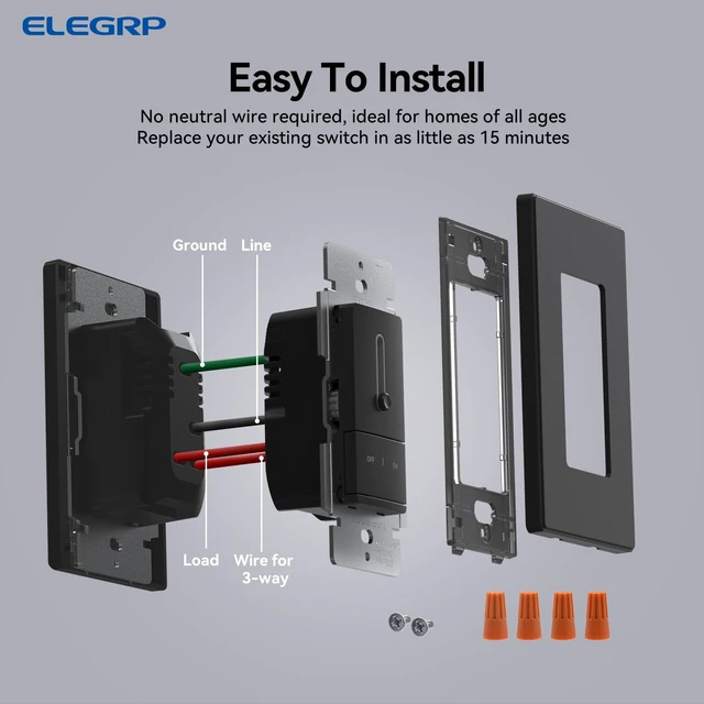Alt view image 7 of 7 - ELEGRP Slide Dimmer Light Switch, Universal Dimmable LED Lighting Control, Single Pole or 3 Way Dimmer Switches for Led Lights, Wall Plate Included, UL Listed, 2 Pack, Matte Black