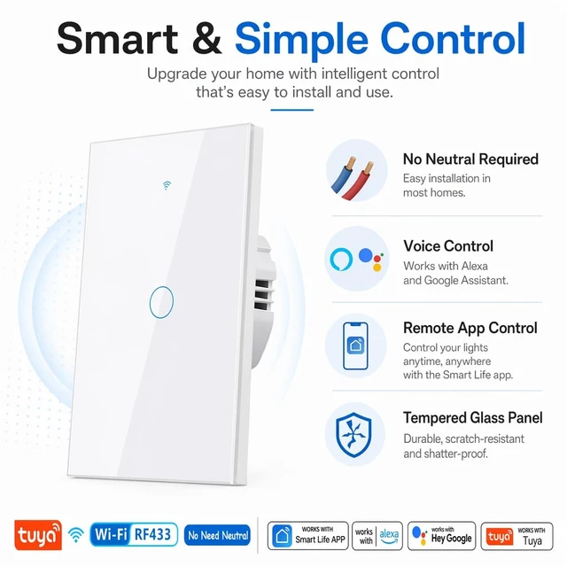 Alt view image 3 of 7 - LSLIANGMEI Smart Wi-Fi Light Switch, RF433, No Neutral Wire Required, Compatible with Alexa, Google Home, Smart Life App (1-Gang)
