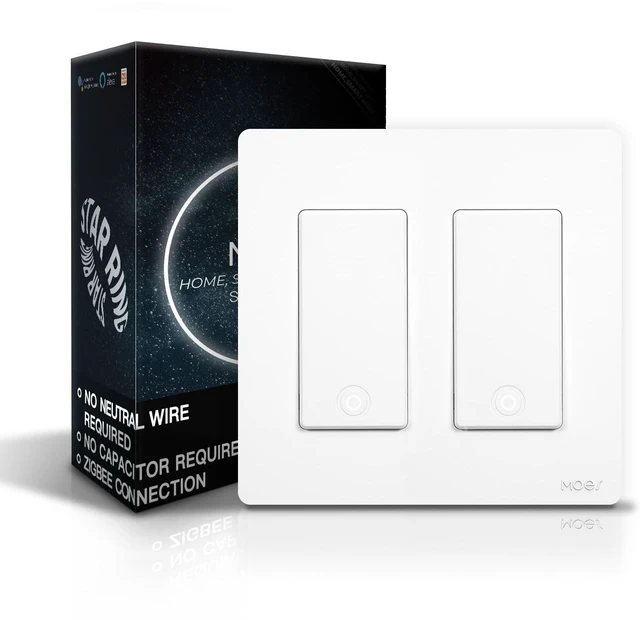 Main image of MOES Zigbee Smart Switch 2 Gang, No Neutral Wire, Require MOES Zigbee Hub | Single Pole Light Switches, Compatible with Home Assistant / Zigbee2MQTT, Work with Alexa Google Assistant, Remote Control