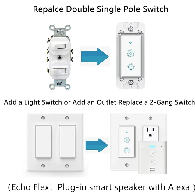 Alt view image 2 of 7 - Nexete Smart Wi-Fi Double Light Switch, 2 in1 Single Pole Switch Compatible with Alexa Google Home,Voice Control, Timing Function,Neutral Wire Required(Double)