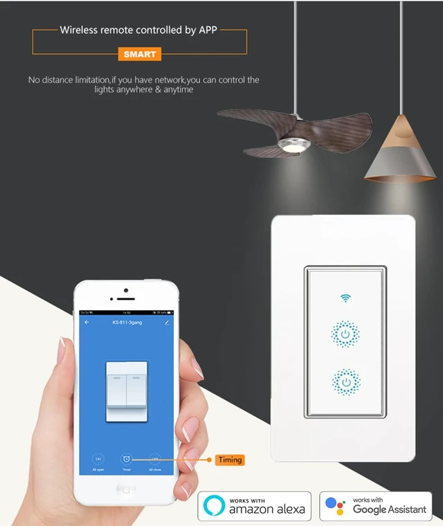 Alt view image 3 of 7 - Nexete Smart Wi-Fi Double Light Switch, 2 in1 Single Pole Switch Compatible with Alexa Google Home,Voice Control, Timing Function,Neutral Wire Required(Double)