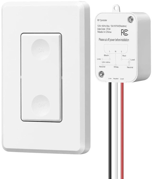 Main image of DEWENWILS Wireless Light Switch and Receiver Kit, No Wiring, 15A High Power | 1 Transmitter+1 Receiver, 100FT RF Range, 3 Way Remote Control, Neutral Wire Needed, 15A for Lamps, Ceiling Lights, Fans