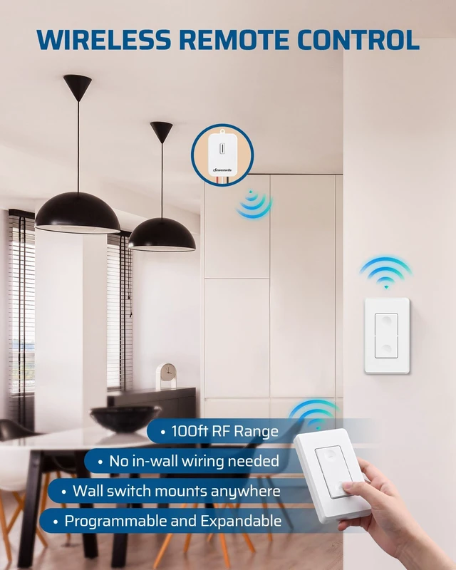 Alt view image 3 of 7 - DEWENWILS Wireless Light Switch and Receiver Kit, No Wiring, 15A High Power | 1 Transmitter+1 Receiver, 100FT RF Range, 3 Way Remote Control, Neutral Wire Needed, 15A for Lamps, Ceiling Lights, Fans