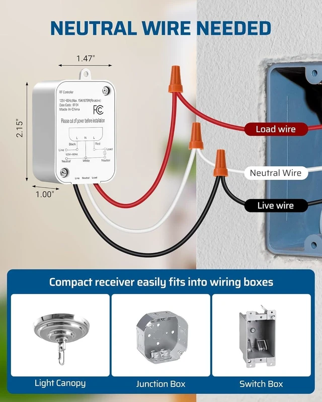 Alt view image 4 of 7 - DEWENWILS Wireless Light Switch and Receiver Kit, No Wiring, 15A High Power | 1 Transmitter+1 Receiver, 100FT RF Range, 3 Way Remote Control, Neutral Wire Needed, 15A for Lamps, Ceiling Lights, Fans