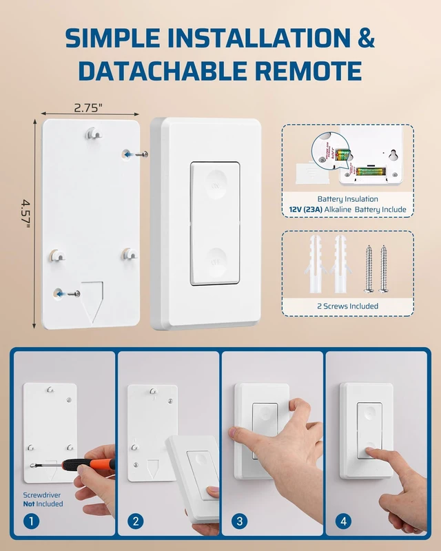 Alt view image 6 of 7 - DEWENWILS Wireless Light Switch and Receiver Kit, No Wiring, 15A High Power | 1 Transmitter+1 Receiver, 100FT RF Range, 3 Way Remote Control, Neutral Wire Needed, 15A for Lamps, Ceiling Lights, Fans