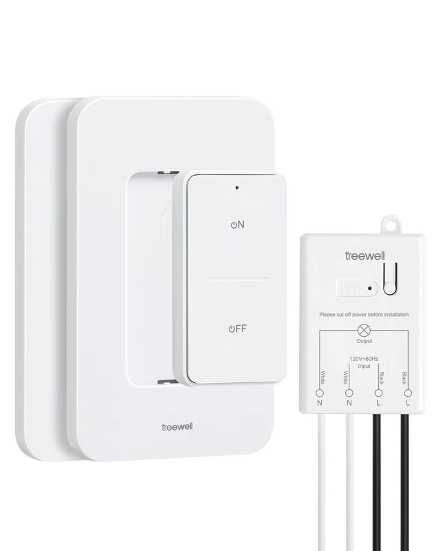 Main image of TREEWELL 3 Way Wireless Light Switch and Receiver Kit, 200FT RF Long Range | Remote Control Light Switch, 10A/1200W, Wireless Wall Switch for Ceiling Light, Fan, Lamps, No Rewiring, No Interference
