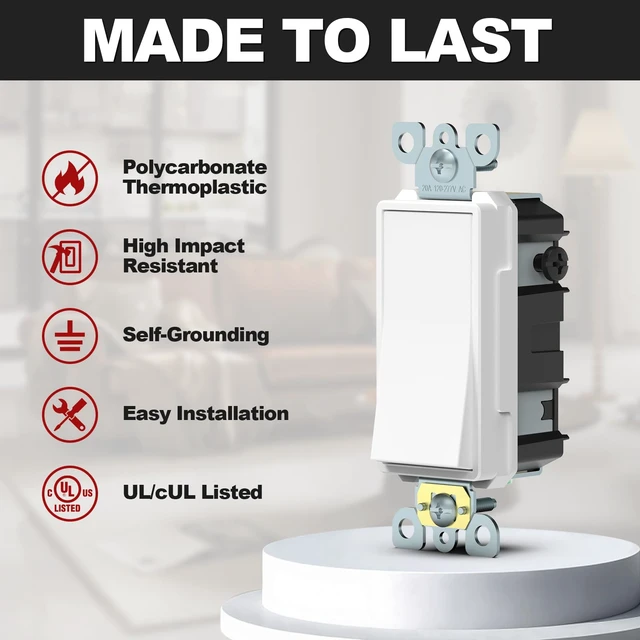 Alt view image 3 of 6 - ThunderWay 3-Way Decorator Light Switch White, Single Pole or Three Way Rocker Switches, 20A 120V/277V, 3 Wire, Grounding Screw, Commercial Grade, UL Listed, Back Insert and Side Terminals (2 Pack)