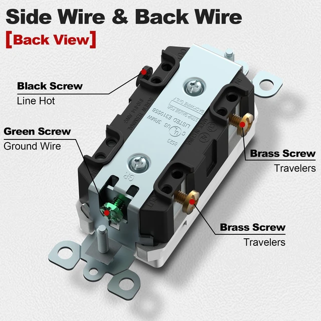 Alt view image 4 of 6 - ThunderWay 3-Way Decorator Light Switch White, Single Pole or Three Way Rocker Switches, 20A 120V/277V, 3 Wire, Grounding Screw, Commercial Grade, UL Listed, Back Insert and Side Terminals (2 Pack)