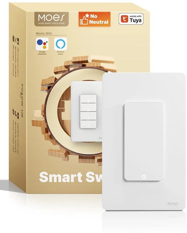 Main image of MOES WiFi Smart Light Switches, No Neutral Needed, Require Capacitors | 2.4GHz Single Pole Switch, Compatible with Alexa Google Assistant