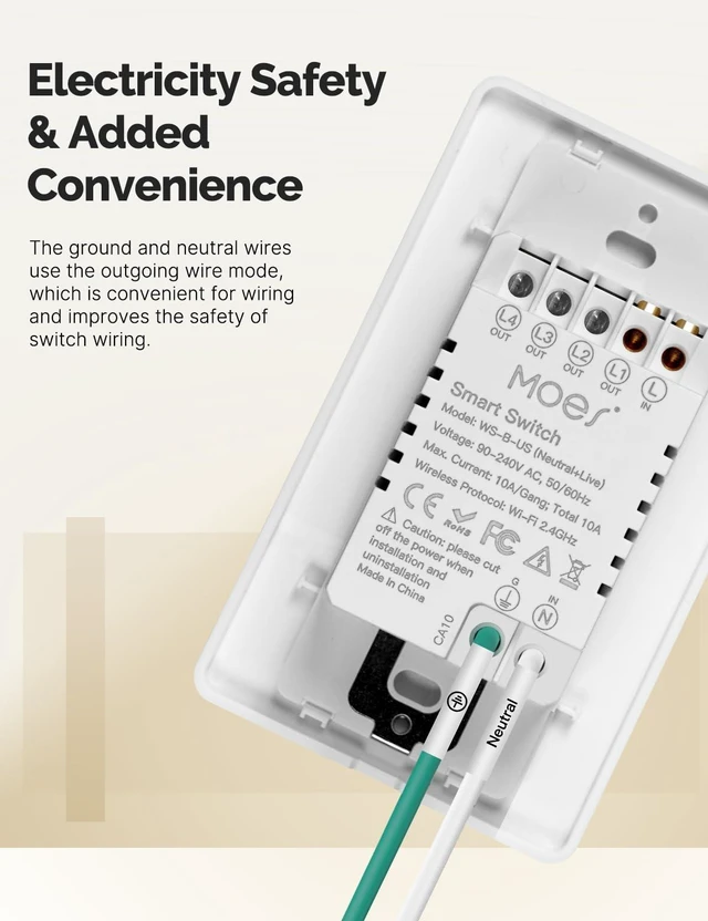 Alt view image 3 of 7 - MOES WiFi Smart Light Switches, No Neutral Needed, Require Capacitors | 2.4GHz Single Pole Switch, Compatible with Alexa Google Assistant