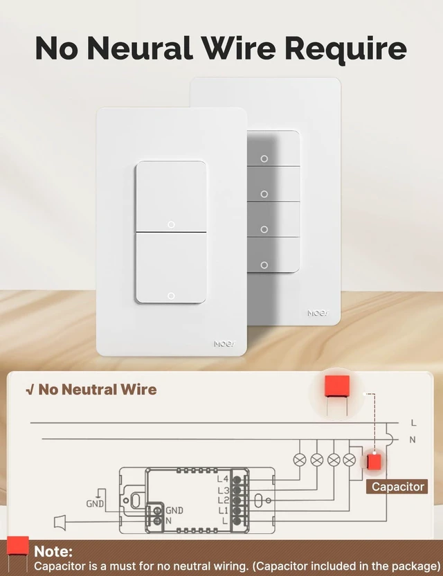 Alt view image 2 of 7 - MOES WiFi Smart Light Switches, No Neutral Needed, Require Capacitors | 2.4GHz Single Pole Switch, Compatible with Alexa Google Assistant