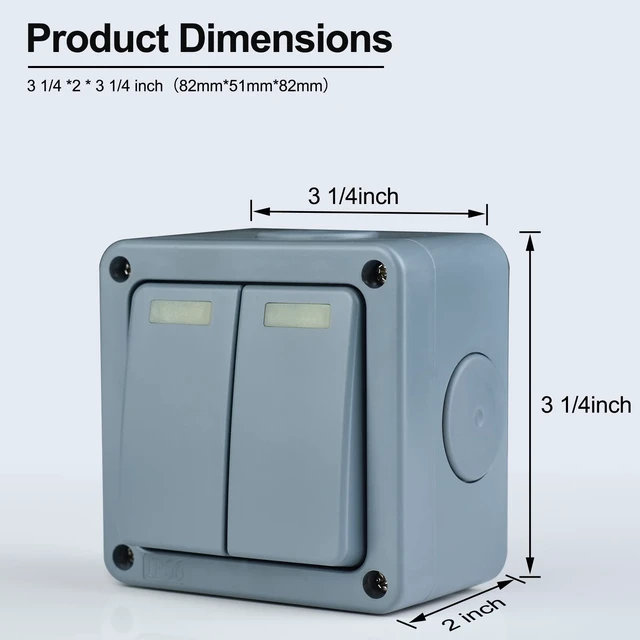 Alt view image 7 of 7 - Outdoor Light Switch, SuperInk 2 Gang 2 Way Double IP66 Waterproof Outdoor Light Switch, SPDT, 3 1/4 * 2 * 3 1/4 in (82 * 82 * 51mm),10Amp 110-250V, for Garden, Pool, Yard