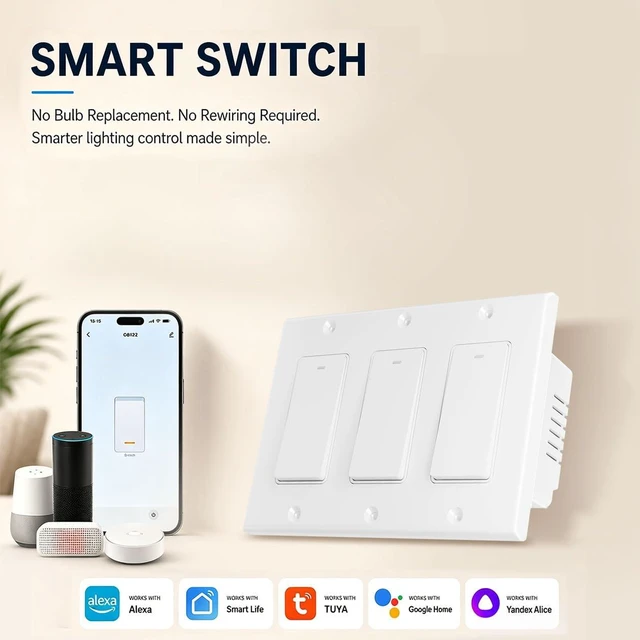 Alt view image 2 of 7 - HQL Smart Switch for Light 3 Gang, Neutral Wire Required, 2.4GHz Wi-Fi Switch Compatible with Alexa and Google Home, UL Certified