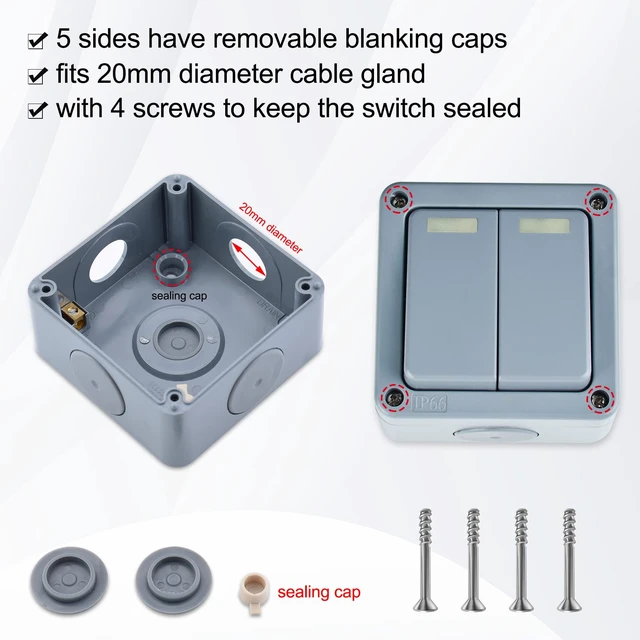 Alt view image 4 of 7 - Outdoor Light Switch, SuperInk 2 Gang 2 Way Double IP66 Waterproof Outdoor Light Switch, SPDT, 3 1/4 * 2 * 3 1/4 in (82 * 82 * 51mm),10Amp 110-250V, for Garden, Pool, Yard