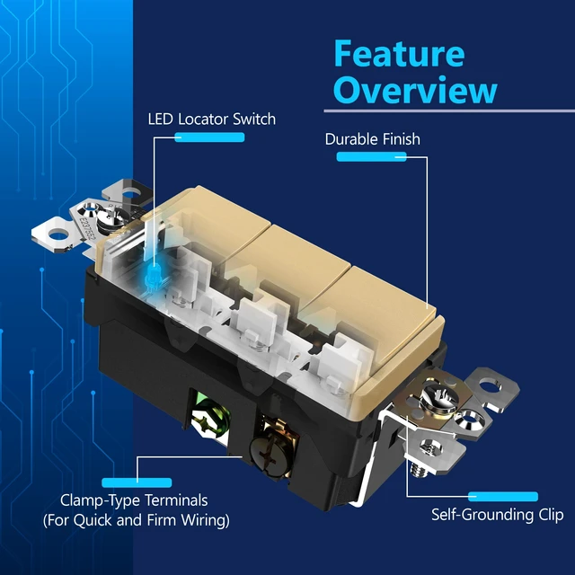 Alt view image 3 of 7 - LIDER Lighted Triple Switch, Combination Frameless Decorator Switch, 15A | Locator Light, UL Listed, Matte Gold, Ground Terminal, Single Pole, Polycarbonate Thermoplastic, Screwless