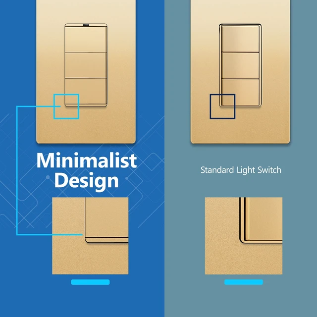 Alt view image 4 of 7 - LIDER Lighted Triple Switch, Combination Frameless Decorator Switch, 15A | Locator Light, UL Listed, Matte Gold, Ground Terminal, Single Pole, Polycarbonate Thermoplastic, Screwless