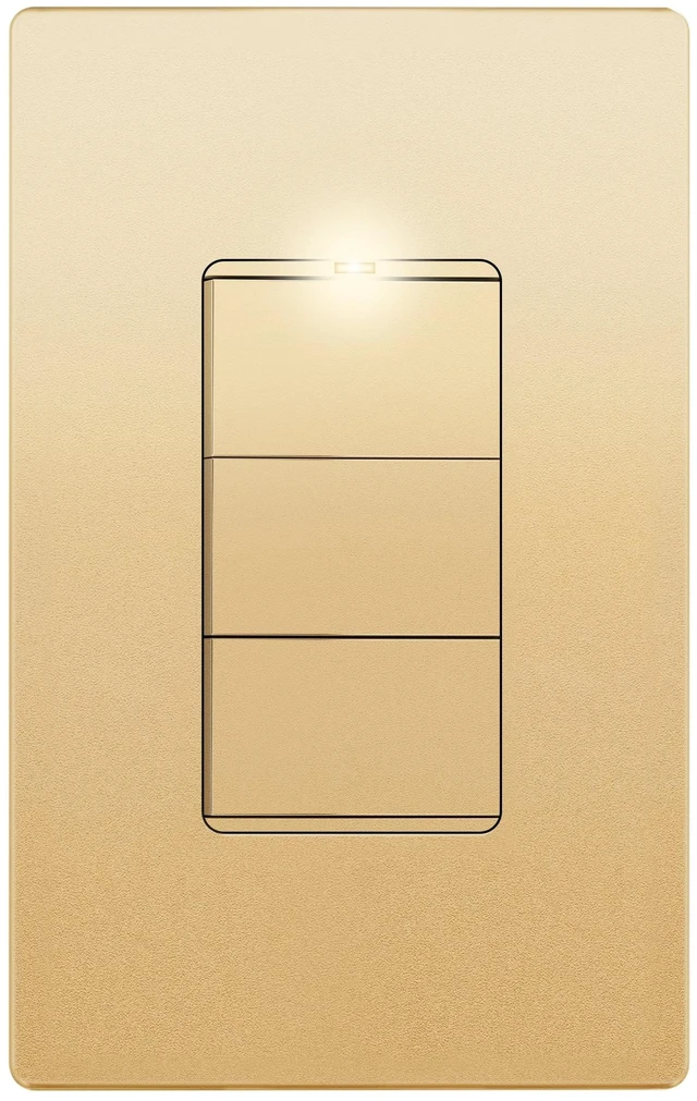 Main image of LIDER Lighted Triple Switch, Combination Frameless Decorator Switch, 15A | Locator Light, UL Listed, Matte Gold, Ground Terminal, Single Pole, Polycarbonate Thermoplastic, Screwless