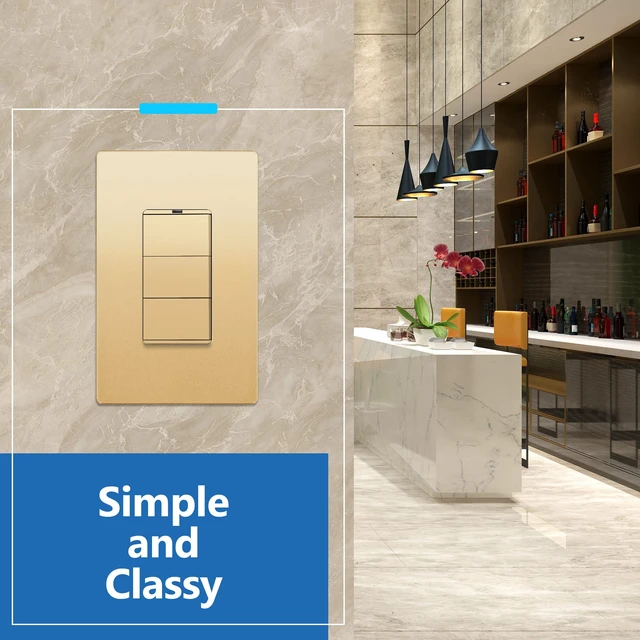 Alt view image 6 of 7 - LIDER Lighted Triple Switch, Combination Frameless Decorator Switch, 15A | Locator Light, UL Listed, Matte Gold, Ground Terminal, Single Pole, Polycarbonate Thermoplastic, Screwless