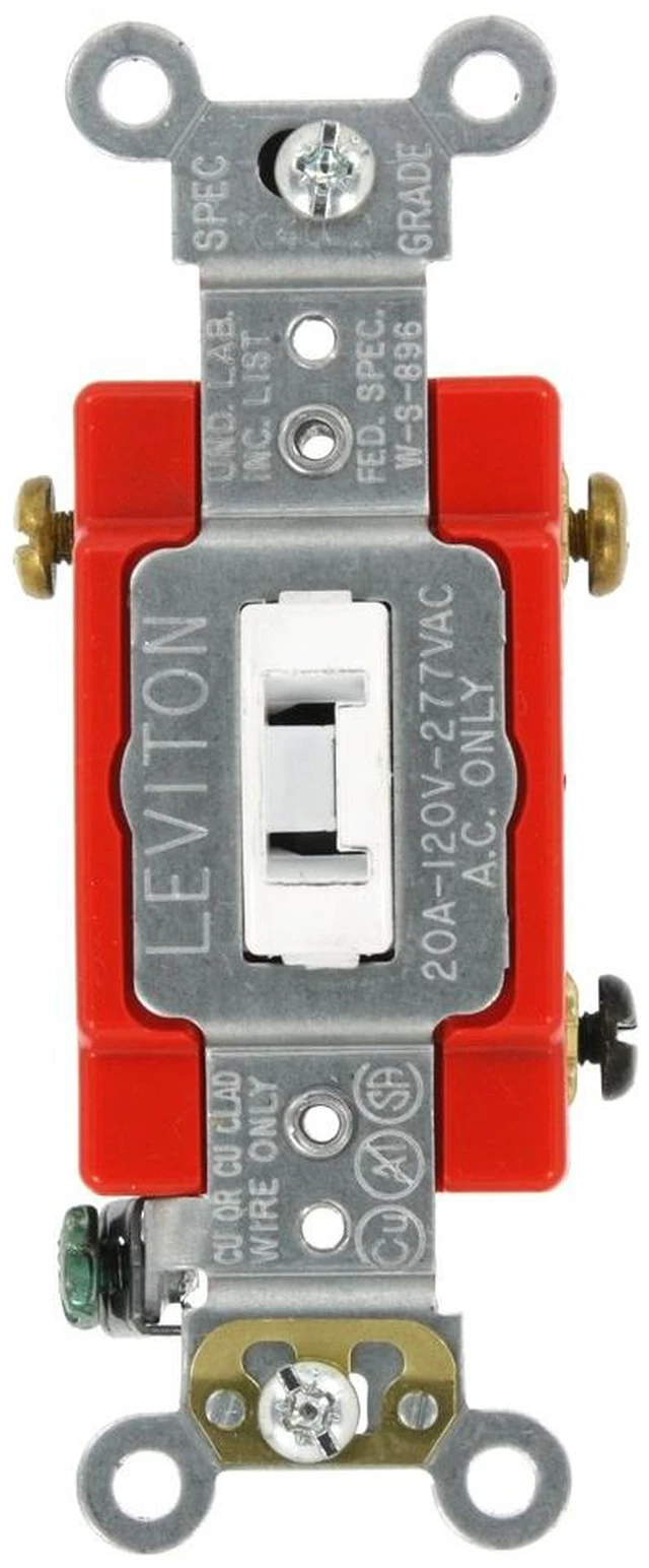 Main image of Leviton 20-Amp, 120/277-Volt, Toggle Locking 3-Way AC Quiet Switch, Extra Heavy Duty Grade, Self Grounding, Back and Side Wired, 1223-2WL, White