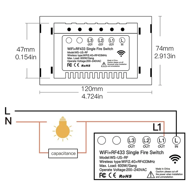 Alt view image 7 of 7 - MOES Smart Touch Light Switch, No Neutral Wire Needed, WiFi White 2 Gang | Single Live Wire Switch, Single Pole 110V; Works with Smart Life/Tuya App, Alexa and Google Home; RF433 Remote Support