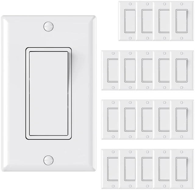 Main image of AIDA Single Pole Rocker Decorator Light Switch, 15 Amp Self-grounding Electrical Light Switches, Wall Plate Included, Residential Grade, UL Listed (20 Pack, Glossy White)